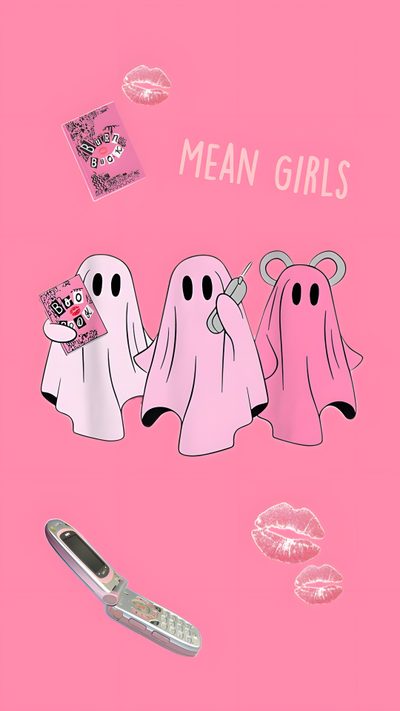 three ghost stickers with the words mean girls on them, and two pink lips Cute Halloween Mean Girls Pink Preppy Halloween, Cute Halloween Mean Girls, Mean Girls Halloween,