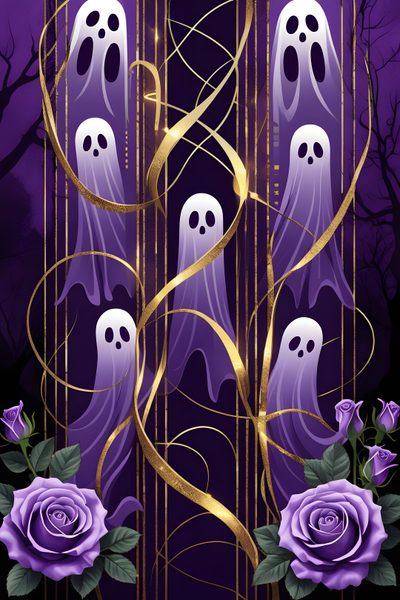 a painting of three ghost with purple roses in front of them and gold spirals on the sides Purple Edgy Aesthetic Halloween Purple Halloween, Tis The Season, Ghosts On Purple Background, dark slate gray