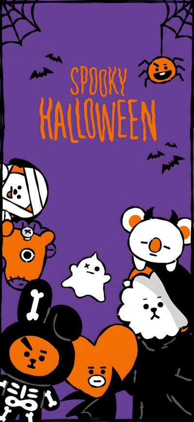 two teddy bears dressed up as witches and bats with the words spooky halloween Bt21 Halloween Halloween Skzoo, K Pop Halloween, Bt21 Pumpkin Painting, Bt21 Fall, dark slate blue