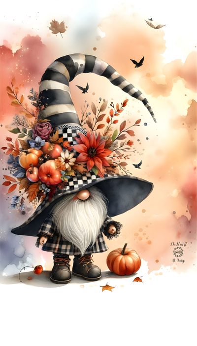 a painting of a wizard with flowers and pumpkins Halloween Gnome Design Gnome Images, Gnome Pictures, Gnomes Diy, Card Embellishments, Fabric Painting, wheat