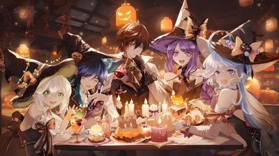 an image of some anime characters at a table with candles and pumpkins on it Halloween Genshin Halloween Laptop Aesthetic, Genshin Official Pc, Genshin Impact Halloween, saddle brown