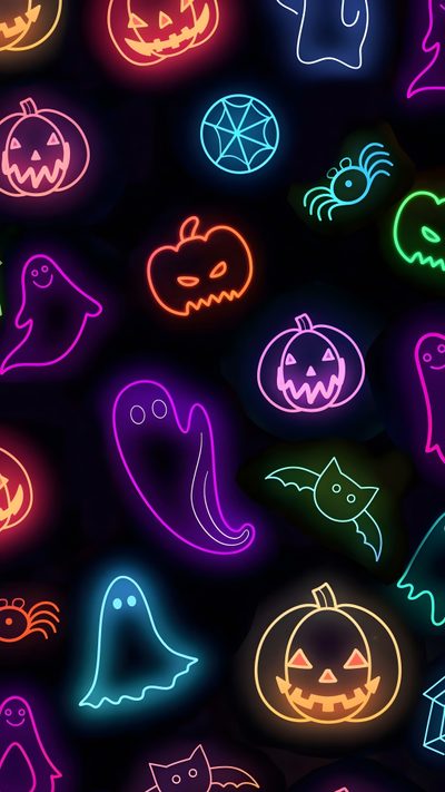glowing neon halloween stickers on a black background with ghost, pumpkins and bats Neon Halloween Pattern Halloween Kürbis Schnitzen, Halloween Iphone Backgrounds, Halloween Backgrounds, black