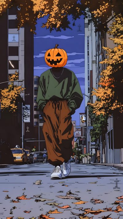 a person walking down the street with a pumpkin on their head Dope Halloween Halloween 2k, Halloween Portrait, Aesthetic Halloween Boys, Art Halloween, dark slate gray