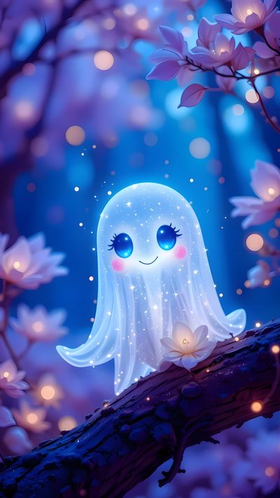 a cute little ghost sitting on top of a tree branch in the night with blue eyes Blue Cute Halloween Cute Little Ghost, Cute Ghost Iphone, Halloween Glitter Iphone,