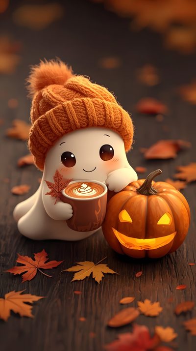 a small doll holding a cup of coffee next to a pumpkin Halloween Ghost Iphone Happy Halloweeen, Halloween Image, Halloween Pics, saddle brown