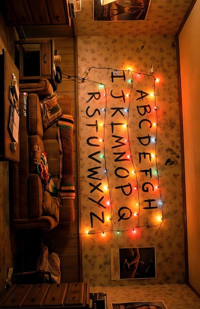 there is a room with lights on the wall and pictures hanging up against the wall Stranger Things Halloween Stranger Things Wall, Balloon Arch Decorations, Stranger Things Halloween, saddle brown