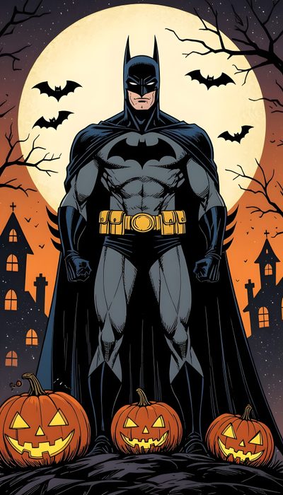 batman standing in front of a full moon with pumpkins on the ground next to it Dc Comics Halloween Bat Symbol, Superhero Halloween, Space Ghost, Batman Film, Marvel Zombies, dark slate gray