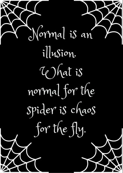 a spider web frame with the quote normal is an illusion what is normal for the spider is chaos for the fly Halloween Quotes Aesthetic Halloween Quotes, black
