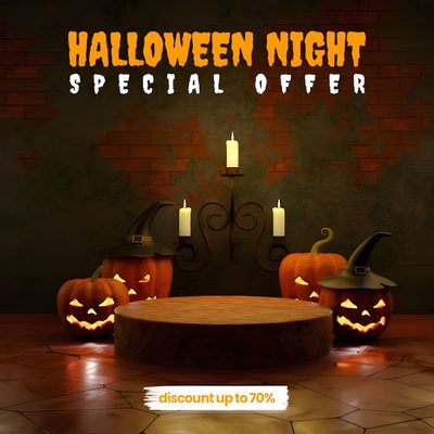 halloween night special offer with pumpkins and jack - o'- lanternes on the table Halloween Podium Budget-friendly Halloween Shopping, Halloween Discount Deals, Halloween Night Special Offer Poster, black