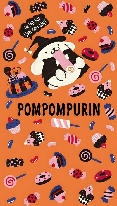 an orange background with various items on it and the words pompompuin Pom Pom Purin Halloween Pompompurin Pumpkin, Pom Pom Purin Halloween, Sanrio Pompompurin Halloween, peru