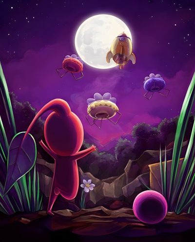 an image of some cartoon characters flying in the air over plants and rocks at night Pikmin Halloween Pikmin Poster Displate, Pikmin Artwork, Pikmin Illustration, Pikmin Live, midnight blue