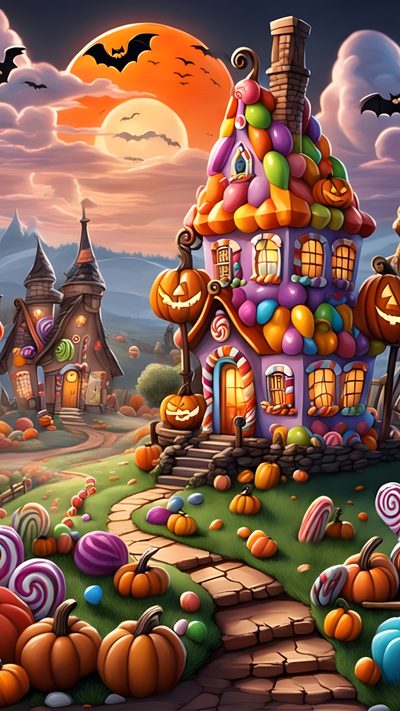 an image of a halloween scene with candy land Halloween Candy House Halloween Candyland, Candy Corn Hd, Halloween Candy Corn, sienna