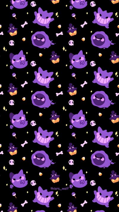 purple cats and bones on a black background with oranges, yellows, and blue Halloween Pokémon Ghost Pokémon, Purple Pokémon, Pokemon Ghost, Ghost Type Pokemon Background, black
