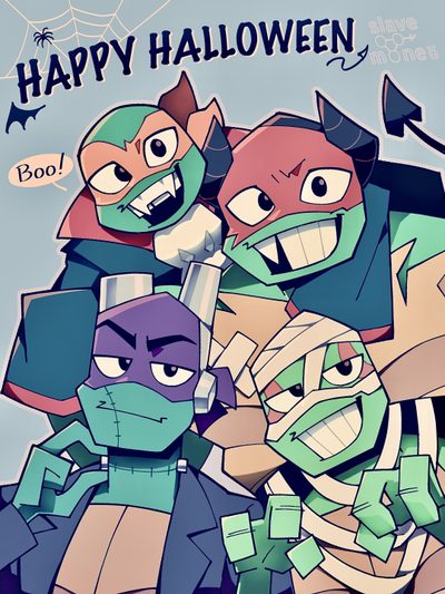 an image of some cartoon characters with happy halloween written on them Tmnt Halloween Leo And Donnie Rottmnt, Tmnt Rise, Cartoon Turtle, Ninja Turtles Funny, Tmnt Art, dark gray