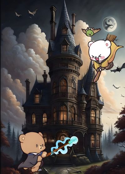 an animated image of a bear and a cat in front of a creepy house Milk And Mocha Halloween Milkand Mocha Bear, Milk Mocha Bear Halloween, Milk And Mocha Halloween, dark slate gray