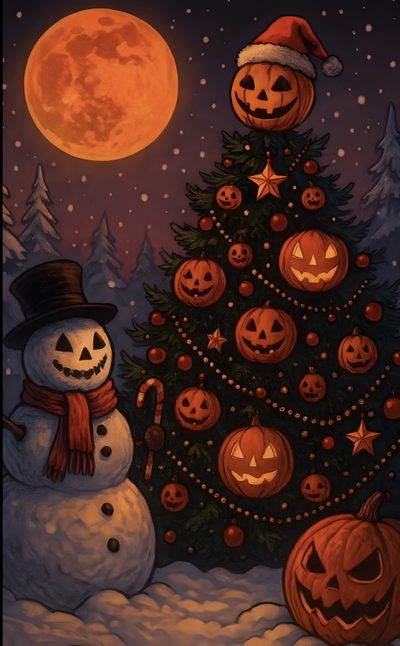 a painting of a snowman next to a christmas tree with pumpkins on it Halloween Christmas Haunted Christmas, Scary Christmas Iphone, Christmas Horror, dark slate gray