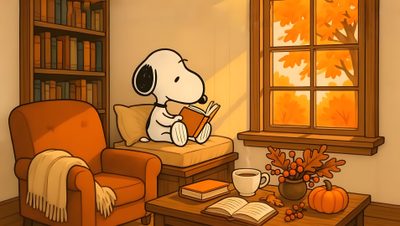 a cartoon dog sitting in a chair reading a book next to a table with a coffee cup on it Snoopy Halloween Desktop Thanksgiving Snoopy Laptop, Cute Images With Quotes, Tablet, Imac, Xiaomi, chocolate