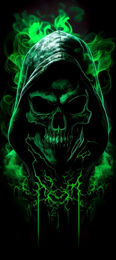 a skull wearing a hoodie with green flames around it Halloween Skull 4k Best Skull 4k, Skull Android, Scull Images, Achcha, Skulls, Skull Dp, black