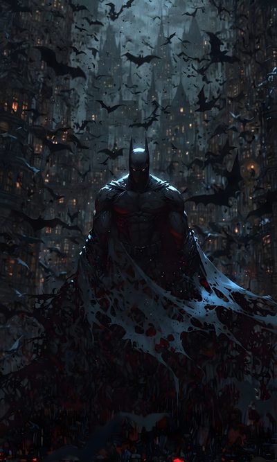 the dark knight in batman's costume is sitting on top of a hill surrounded by bats Batman Halloween Cool Dark Knight, Batman Arkham Iphone, Batman Arkham Series, Batman Dark, black