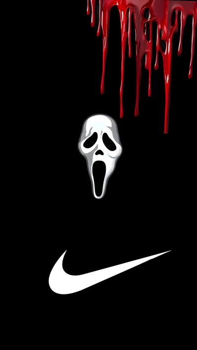 a black background with a white mask and red dripping paint Nike Halloween Iphone Nike Punisher, Nike Skull, Nike Scream, Halloween Nike, Nike Jason, black
