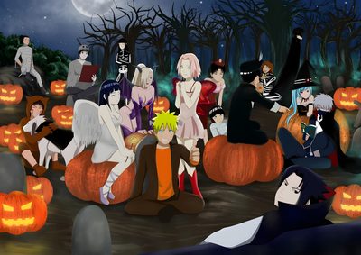 a group of cartoon characters sitting on pumpkins in the woods with jack - o'- lanterns Naruto Halloween Naruto Halloween, Haikyuu Halloween Icons, Naruto Halloween Pfp, dark slate gray
