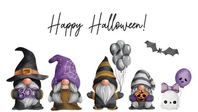 an image of halloween gnomes with balloons Halloween Gnome Desktop Gnome Images, Halloween Gnome Cartoon, Halloween, Images Of Halloween Gnomes, snow