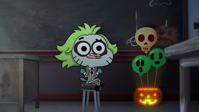 a cartoon character standing in front of a blackboard with a pumpkin and skull on it Gumball Halloween The Amazing World Of Gumball Zombie, Creepy Clown Amazing World Of Gumball, Gumball As Beetlejuice, dark slate gray