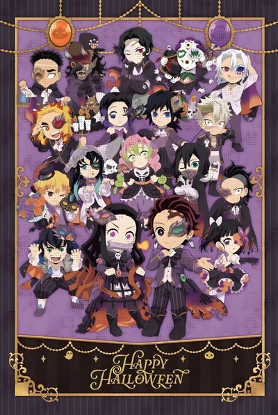 an anime poster with many different characters Halloween Demon Slayer Happy Birthday, Manga Halloween, Halloween Cute, Anime Halloween, dim gray