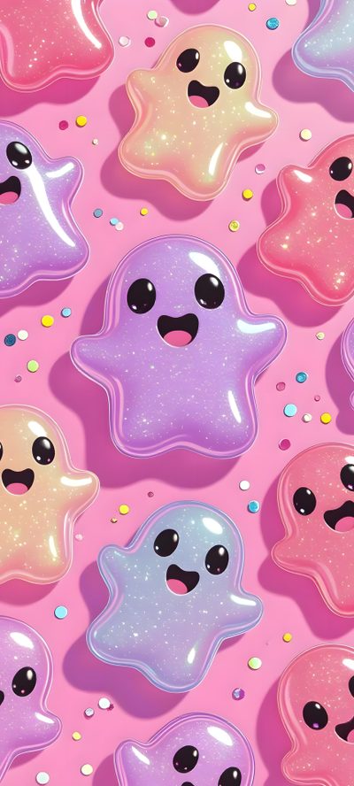 there are many different colored candies with faces on them in the shape of ghosts Girly Halloween Iphone Pastel Halloween Background, Disney For Iphone, Trending, Pink Ghost Iphone, plum