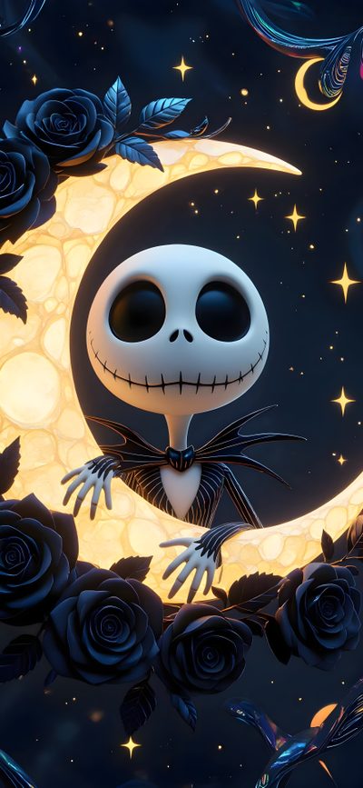 jack skellingy sitting on the moon with roses in front of him and smiling Cute Halloween Nightmare Before Christmas Nightmare Before Christmas Tattoo, Dessins Sympas, Halloween Cute, black