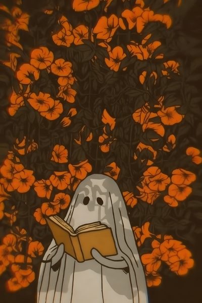 there is a ghost reading a book in front of some orange flowered trees and bushes Halloween Kindle Halloween Aesthetic Background, Anime Fall Aesthetic, Fall Aesthetic Animated, dark olive green