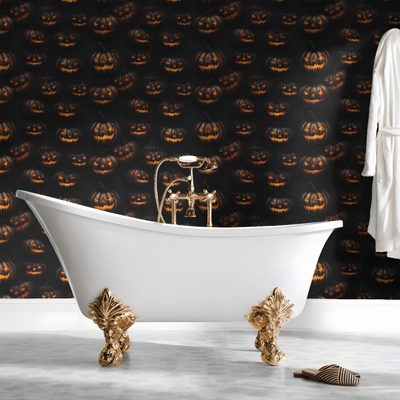 a white bath tub sitting on top of a bathroom floor next to a towel rack Halloween Themed Bathroom Halloween Embroidery, Statement, Boho, Neutral, Jack O Lantern, dark slate gray