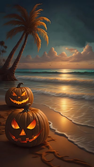 two jack o lantern pumpkins sitting on top of a beach next to the ocean Beach Halloween Beach Halloween, Summerween Phone, Beach Halloween Pictures, Scary Beach, dark slate gray