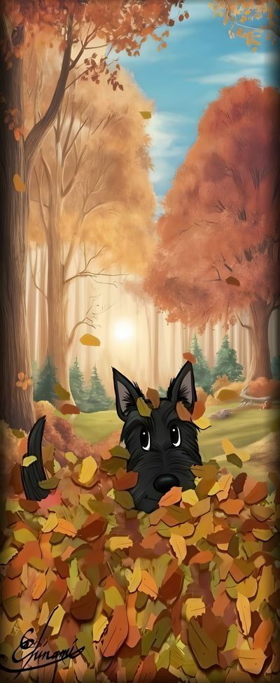 a painting of a black dog laying in leaves on the ground with fall foliage around it Halloween Scottish Terrier Scottie Dog Fall, Scottie Dog Autumn, Cute Scottish Terrier Art, sienna