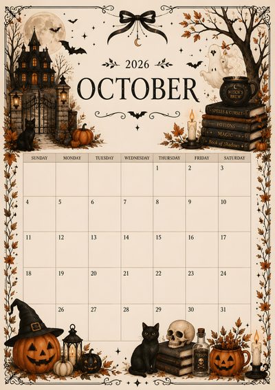 an october calendar with pumpkins, books and bats on it's cover is shown Halloween Calendar Halloween Calendar, October Calendar, Printable Calendar, Calendar Design, bisque