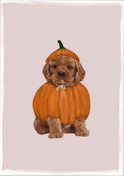 a small brown dog wearing a pumpkin costume Cute Halloween Puppy Cockerspaniel Halloween Art, Cute Fall Pet Illustration, Autumn Festive Dog Illustration, light gray
