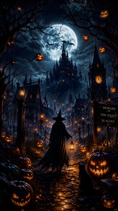 a man dressed as a wizard in front of a castle with pumpkins Zedge Halloween Screen, Halloween Art, Art Collector, Phone Backgrounds, Halloween Crafts, black
