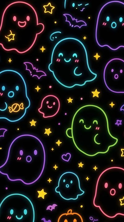 neon glow stickers on a black background with stars and ghost faces in different colors Neon Halloween Pattern Glow In The Dark Halloween, Neon Halloween Iphone, Colorful Ghost, black