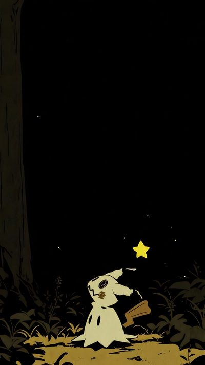 a cartoon character holding a baseball bat in the woods at night with a yellow star above his head Halloween Mimikyu Zygarde Phone, Mimikyu Phone Background, Traitors, Pokemon Night, Gothita Pokemon, black