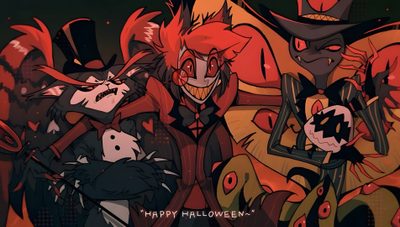 some cartoon characters are standing together in front of a black and red background with the words happy halloween written on it Hazbin Hotel Halloween Hazbin Hotel Desktop, Hazbin Hotel Computer, Hazbin Hotel Laptop Background, dark slate gray