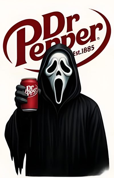 a person in a black hooded outfit holding a can of dr pepper with the word dr pepper on it Dr Pepper Halloween Dr Pepper Monster, Dr Pepper Backgrounds, Dr Pepper Poster, saddle brown