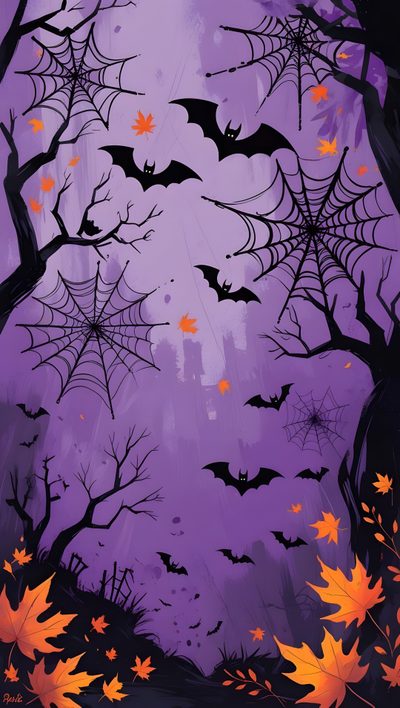 an illustration of bats flying in the night sky over trees and leaves with purple hues Halloween Iphone 13 Halloween Lights Diy, Faze, Halloween Lighting Outdoor, slate gray