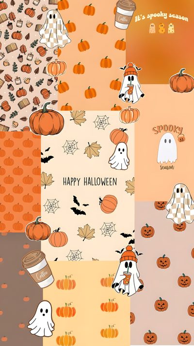 a collage of pumpkins and ghostes with the words happy halloween written on them Preppy Happy Halloween Preppy For Halloween, Preppy Aesthetic Cute Preppy Halloween, Cute Preppy Halloween, burlywood