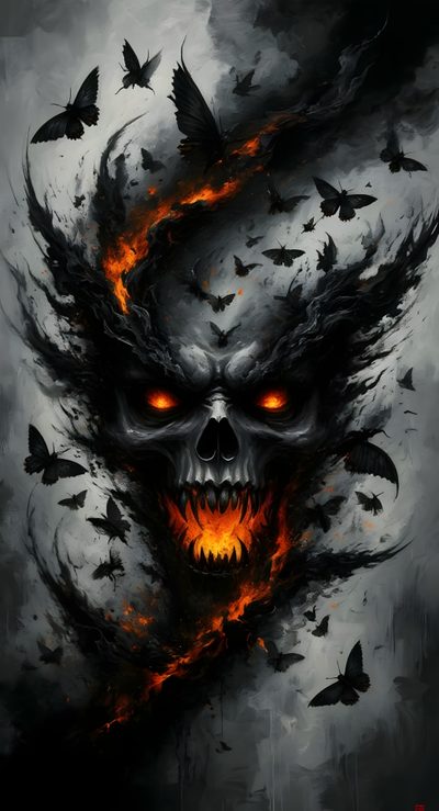 a skull with fire and butterflies on it's head is shown in this artistic painting Halloween Skull 4k Demonic Backgrounds, Skulls Design, Flaming Skull, Skull In Flames, dark slate gray