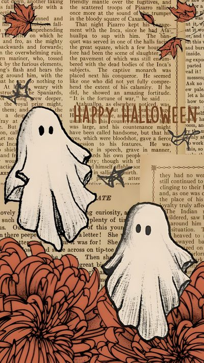 two ghostes sitting on top of flowers in front of an old book with the words happy halloween Vintage Halloween Aesthetic Cute Ghost, November Backgrounds, Spooky Thanksgiving, Autumn Vibes Aesthetic, tan