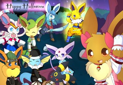 many pokemon characters are standing together in front of a purple background with the words happy halloween Eevee Evolutions Halloween Eevee Cute, Pokemon Halloween, Pokemon Eevee Evolutions, Pokemon Dolls, gray