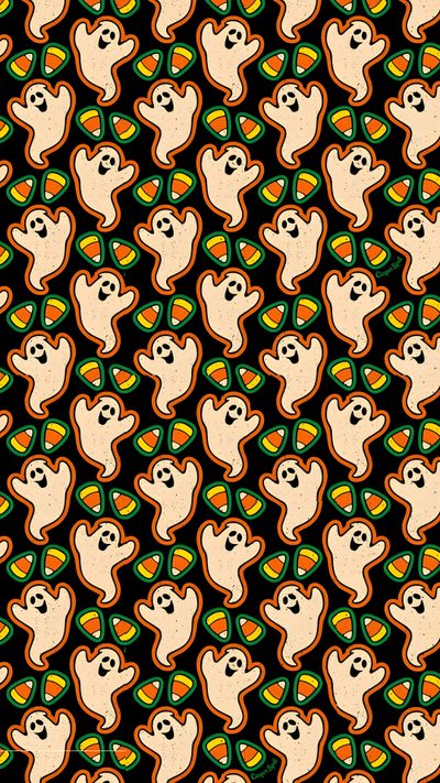 halloween ghost and pumpkins pattern on black fabric with orange, green and white colors Candy Corn Halloween Fall Doodle Black Cartoon Halloween, Happy Halloween Pictures, Hobbies To Try, olive