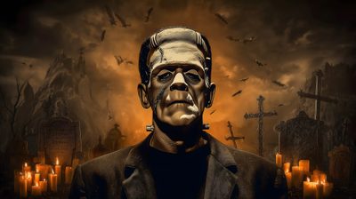 a creepy looking man standing in front of a cemetery with candles and bats around him Frankenstein Halloween Universal Monsters 4k, Frankenstein Background, Free Download, black