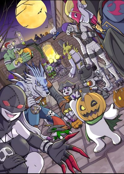 several cartoon characters dressed up in costumes and holding pumpkins on a city street at night Digimon Halloween Scarecrow Digimon, Bleach Halloween Episode, Witch Digimon, Nerd Cave, Digimon, dim gray