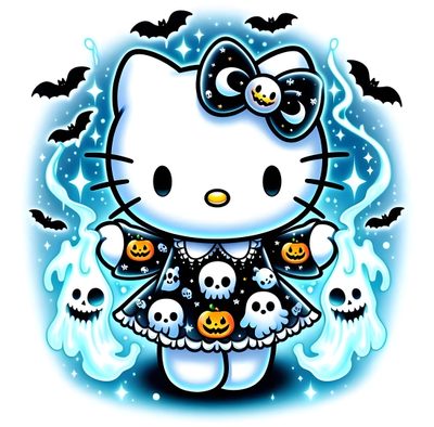 a hello kitty with skulls and pumpkins in her dress is surrounded by ghost bones Blue Hello Kitty Halloween Cute Halloween Costume Inspiration, Halloween Hello Kitty Art, Halloween Party Decoration Ideas, light cyan
